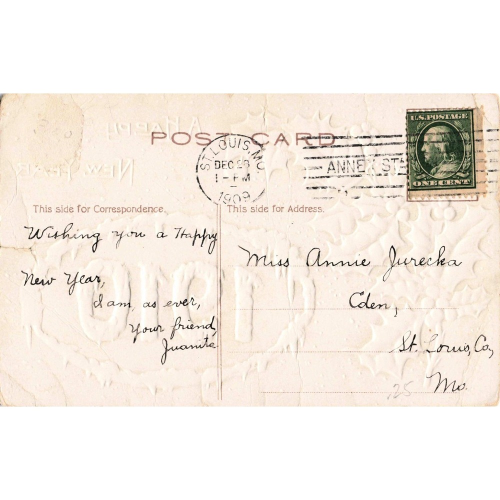 Antique 1910 Happy New Year Postcard Embossed Holly St Louis MO Postmark 1909 - Picture 2 of 2